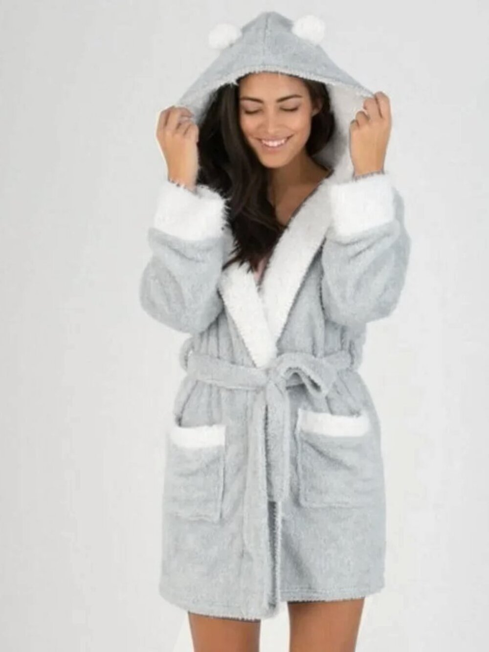 NEW Honeydew Intimates Women All Ears Grey Hooded Plush Fleece Short Teddy Robe